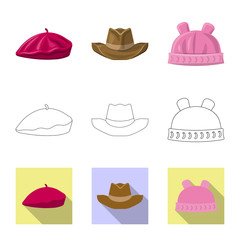 Isolated object of headgear and cap sign. Collection of headgear and accessory stock vector illustration.