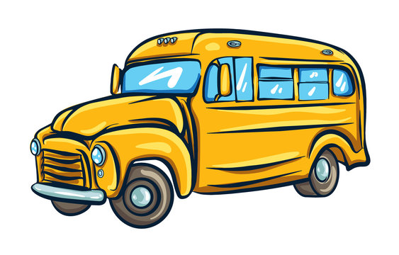Yellow school bus. Vector illustration in cartoon style. 