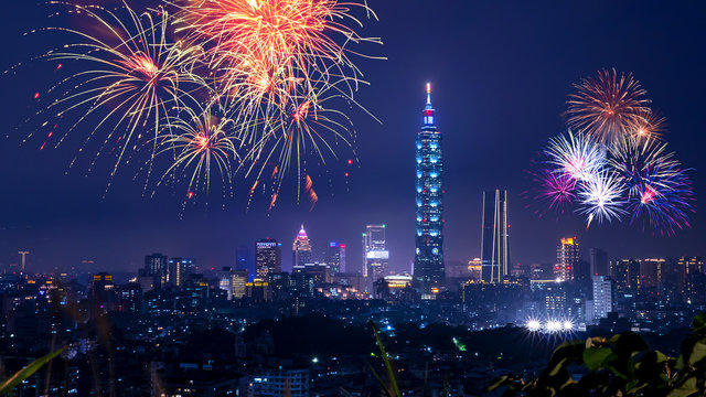 Taipei cityscape Night light with fireworks 7