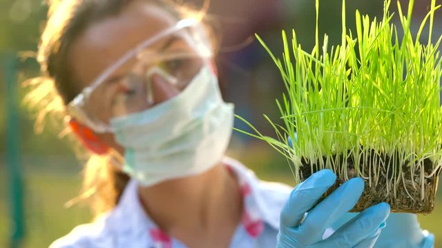 Woman agronomist in goggles and a mask examines a sample of soil and plants