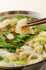 もつ鍋　Motsunabe. Giblets cooked in a hot pot