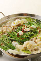 もつ鍋　Motsunabe. Giblets cooked in a hot pot