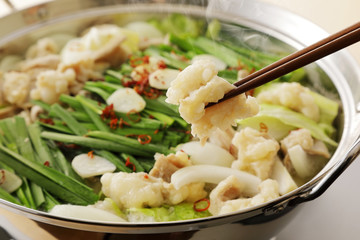 もつ鍋　Motsunabe. Giblets cooked in a hot pot