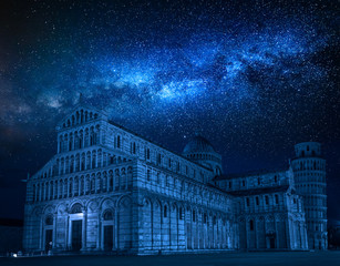 Milky way and falling stars over ancient monuments in Pisa