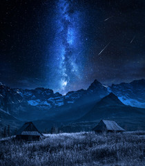 Milky way and falling stars in Tatra mountain at night