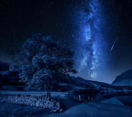 Gordijnen Melkweg en vallende sterren boven District Lake, Engeland © shaiith