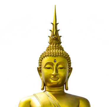 Golden Buddha statue from Thailand.isolated on white background,symbol of religion buddhism.design with copy space add text