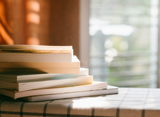 paperback books on a table