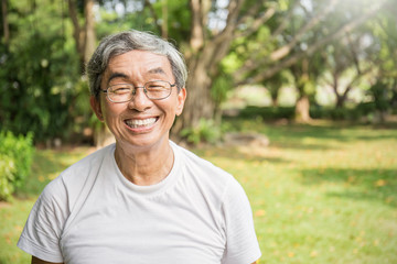 Portrait of healthy happy senior asian old man in the park outdoors with copy space. Spring...