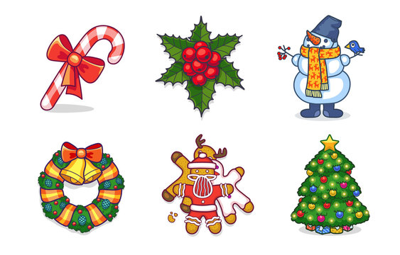A Collection Set Of Christmas Holiday New Year Virtual Gifts And Objects: Wreath, Snowman, Ginger Bread, Miscletoe, Tree, Decorations, Candy Cane