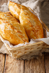 Lithuanian popular food: kibinai lamb meat pies close-up. vertical
