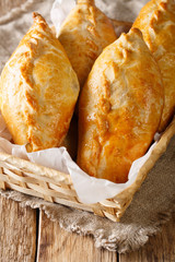 Freshly baked Lithuanian lamb meat pies close-up. vertical