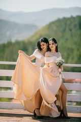 Two beautiful ladies in elegant evening dresses stand at restaurant terrace behind mountains. Beauty, fashion. Wedding style.