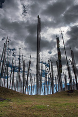 Prayer flags on mountain top against moody sky