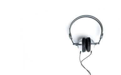 Kids headphones in gray and black on white background. learning foreign languages. Panoramic