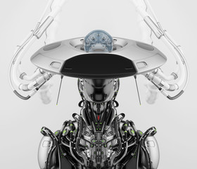 Smart robot with huge ai hat, 3d rendering
