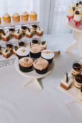 Candy bar with a lot of cookies and fruits during the wedding. chocolate fountain and wedding cake. Coktails and drink at the table