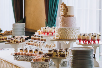 Candy bar with a lot of cookies and fruits during the wedding. chocolate fountain and wedding cake. Coktails and drink at the table