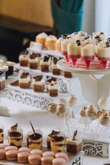 Candy bar with a lot of cookies and fruits during the wedding. chocolate fountain and wedding cake. Coktails and drink at the table