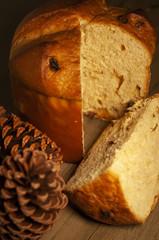 Traditional Christmas panettone with raisins and dried fruits