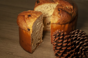 Traditional Christmas panettone with raisins and dried fruits
