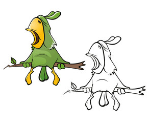 Fototapeta premium Illustration of a Cute Green Parrot. Cartoon Character. Outline 