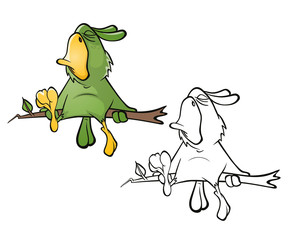 Illustration of a Cute Green Parrot. Cartoon Character. Outline 