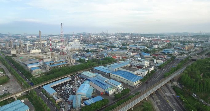 Aerial shot of Ulsan's industrial area with refineries in South Korea.