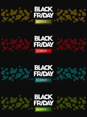 Black Friday banner set with bokeh like dots on dark backround. Gold, red, blue and green colors.