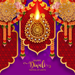 Happy Diwali festival card with gold diya patterned and crystals on paper color Background.