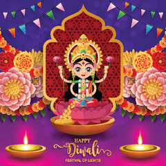 Happy Diwali festival card with gold diya patterned and crystals on paper color Background.