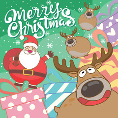Naklejka premium Cute Santa Claus and reindeer cartoon characters with snow falling and gifts background.
