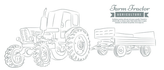 Obraz premium Farm tractor with sketch style line art design. Hand drawn vector illustration.