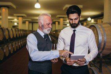 Winemakers in wine cellar holding glass of wine and checking it. Sommeliers testing wines in winery.