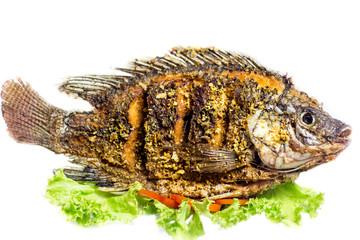 Tilapia fried with salad Thai food isolated on white