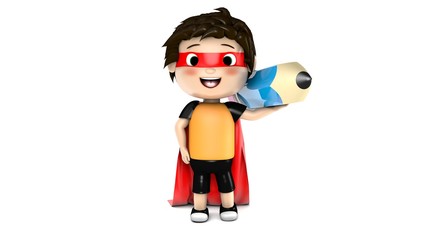 Niño superhéroe con lápiz