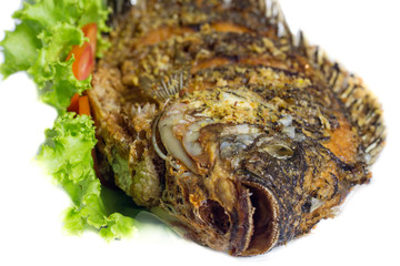 Tilapia fried Thai food local white isolated