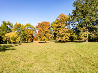 Park Landschaft im Herbst mit herbstlich gefärbten Bäumen,Wiesen und Flüssen in Weimar,Thüringen,Deutschland