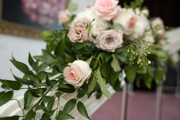 stair railing decorated with flowers. wedding decoration