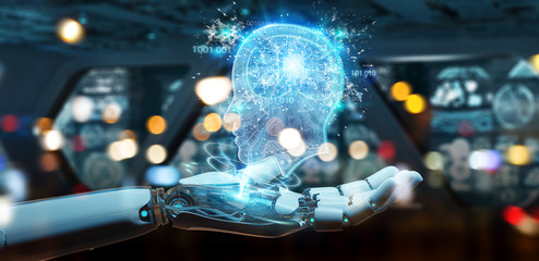 Cyborg creating artificial intelligence 3D rendering