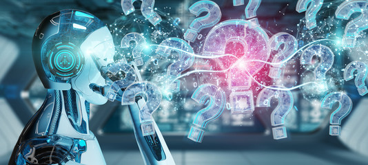 Cyborg solving problem with digital question marks 3D rendering
