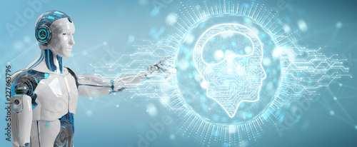 White humanoid using digital artificial intelligence icon hologram 3D rendering