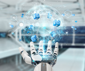 White robot hand using digital screen interface 3D rendering