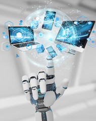 White cyborg hand connecting devices together 3D rendering