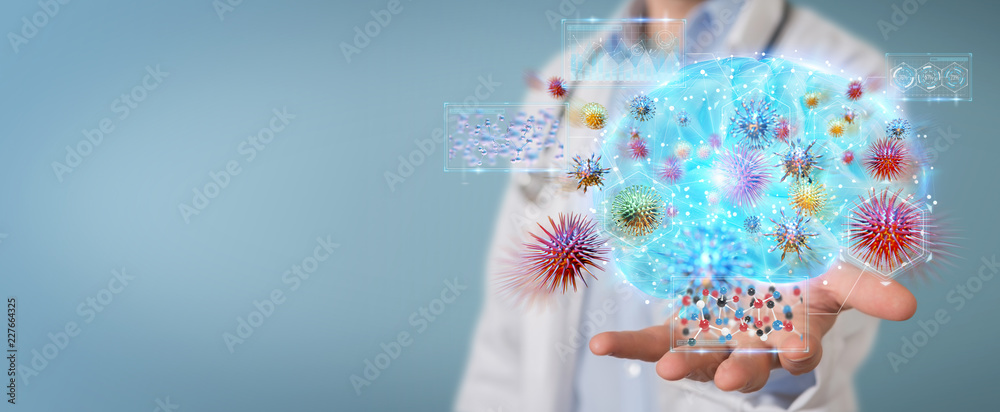 Poster doctor using digital nanobot virus 3d rendering