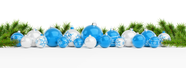 Blue christmas baubles and gifts lined up 3D rendering