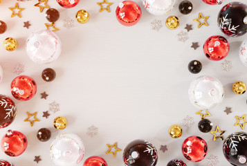 Christmas card mockup with red baubles 3D rendering