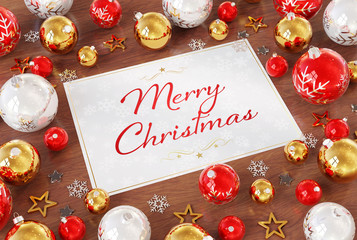 Christmas card greetings with red baubles 3D rendering