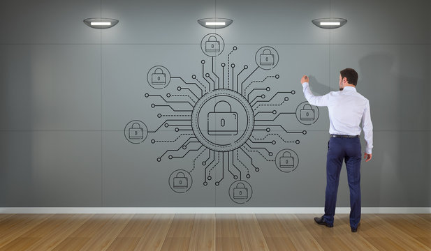 Businessman drawing thin line web security interface on the wall