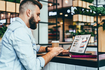 Young bearded man is sitting in cafe,typing on laptop with charts,graphs,diagrams on screen.Blogger works in cafe.